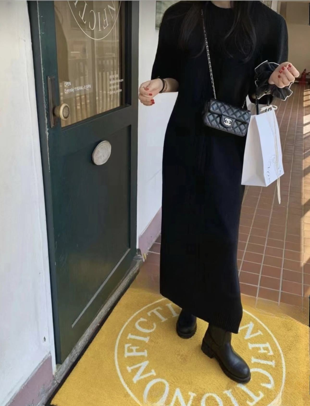 Puff Short Sleeve Side Slit Knit Long Dress