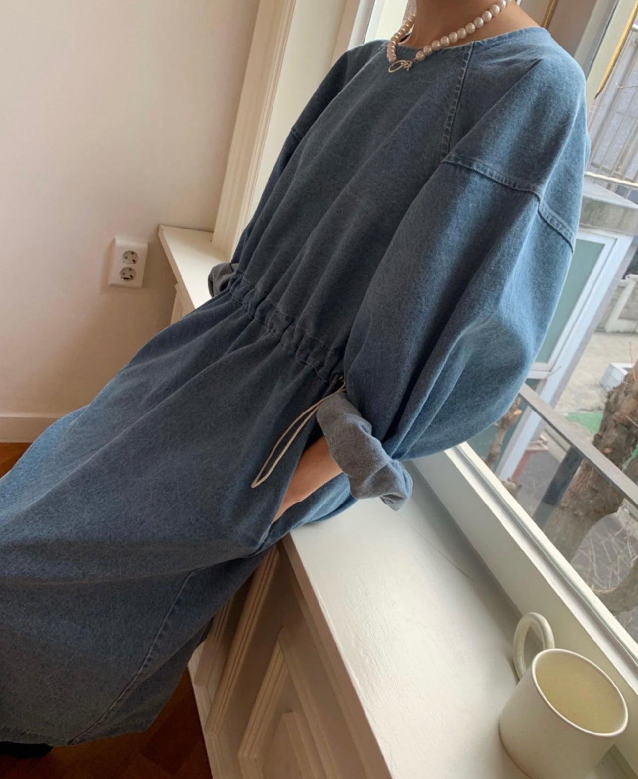 String Waist Raglan Sleeve Denim Dress