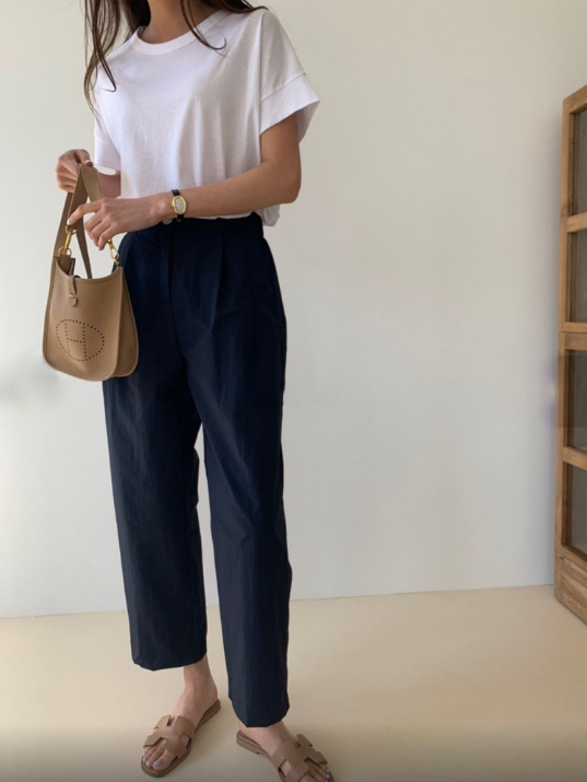 Cool Pin Tuck Loose Fit Pants Back w/ Waist Band (시원한 바스락소재)