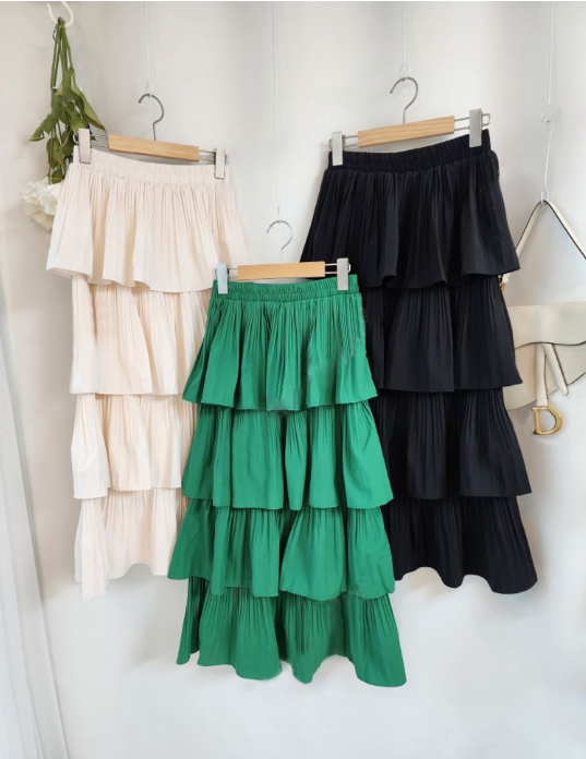Tiered Pleated Long Skirt (Elastic Waist Band)