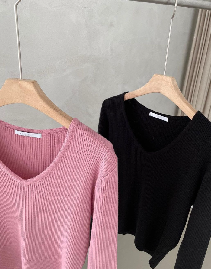 V-Neck Basic Rib Knit Top