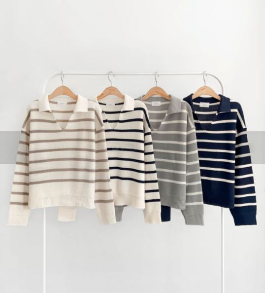 브이넥 오픈 칼라 스트라이프 니트 탑