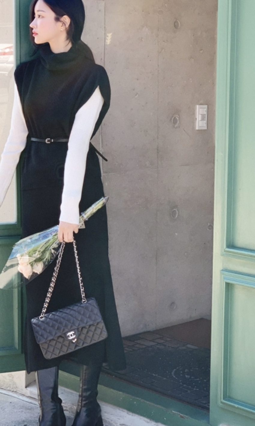 Turtle Neck Knit Vest & Knit Long Skirt Set (Wool 50%)