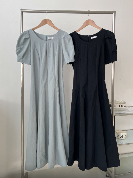 Puff Sleeve Incision Flare Midi Dress