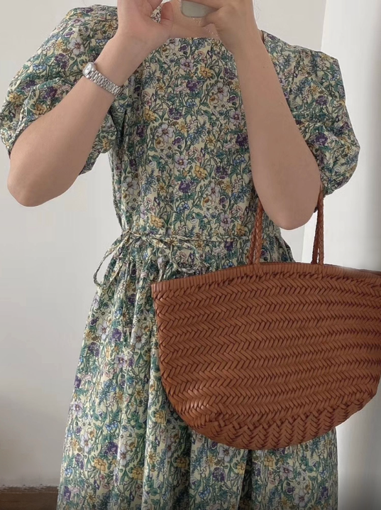 Square Neck Volume Sleeve Flower Dress (With String)