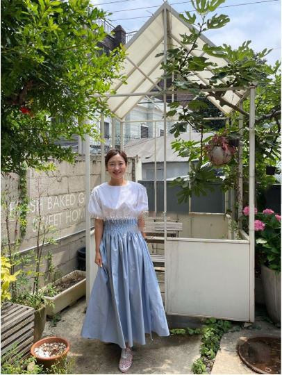 ⭐강추⭐Puff Sleeve Color Block High Waist Banding Dress (퍼프 소매 롱 드레스)