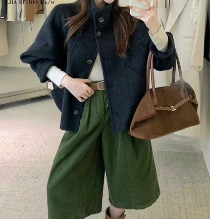 Hi-Neck Wool Blend Half Coat