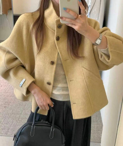 Hi-Neck Wool Blend Half Coat