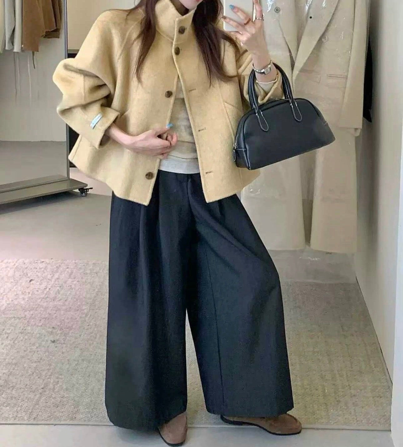 Hi-Neck Wool Blend Half Coat