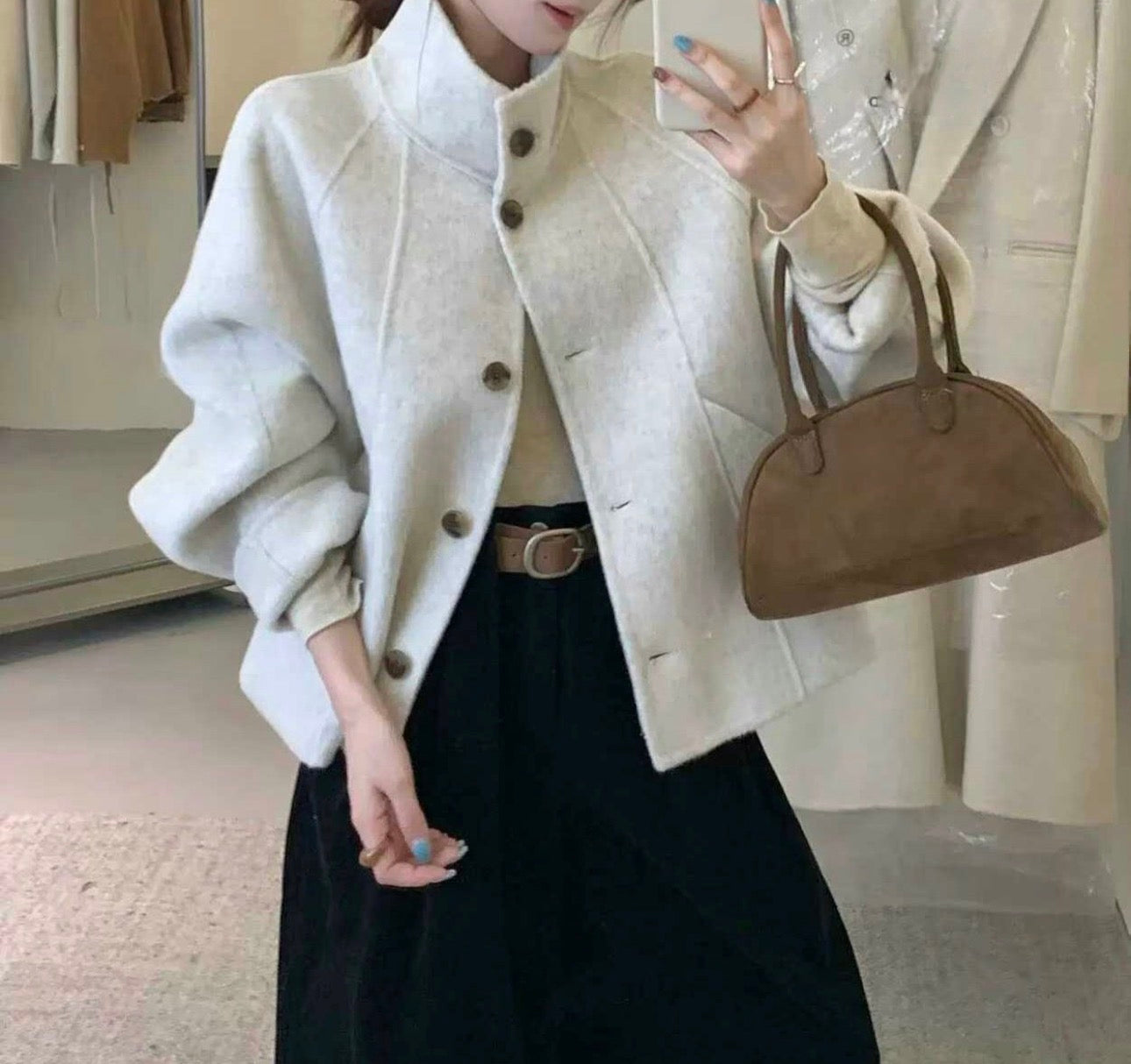 Hi-Neck Wool Blend Half Coat