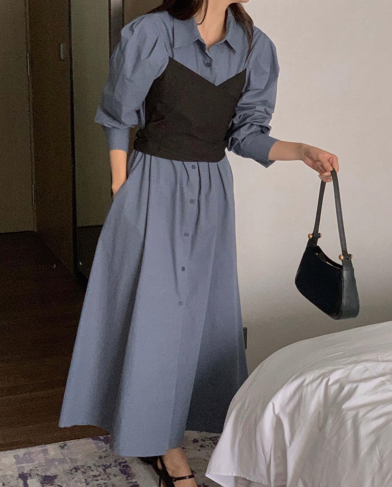 Bustier Contrast Long Shirts Dress