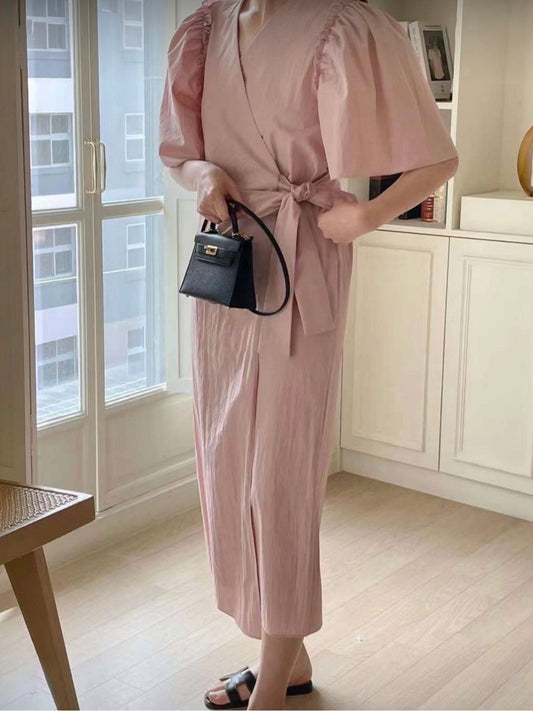 Flare Puff Sleeve Over Wrap Robe Dress