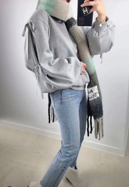 Ribbon Tie Balloon Sleeve Brushed Sweatshirt