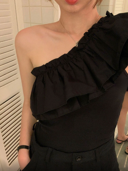 Ruffled One Shoulder Rib Top