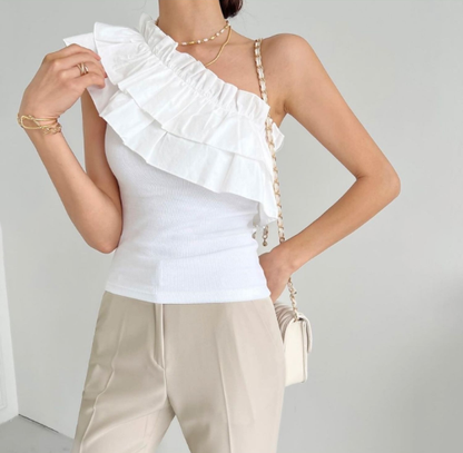 Ruffled One Shoulder Rib Top