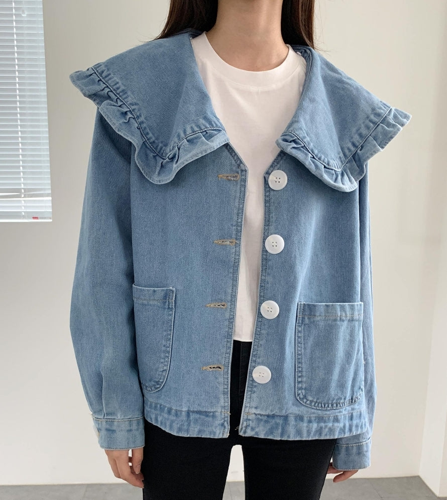 MEER. COLLAR RUFFLES DENIM JACKET (ブルー) MEER. COLLAR RUFFLES DENIM JACKET (ブルー)