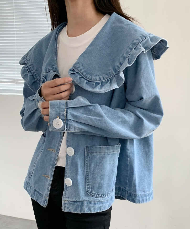 MEER. COLLAR RUFFLES DENIM JACKET (ブルー) Ulla Johnson The Mathilde Ruffled Denim Jacket | Saks Fifth