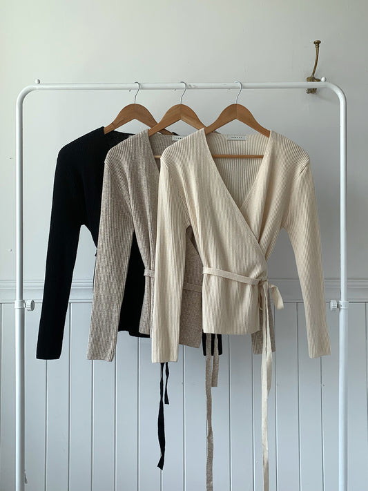 Wool Blend Wrapped V-neck Rib Knit (여리여리 핏)