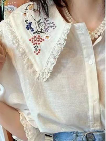 Flower Embroidery Collar Short Sleeve Blouse