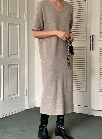 V- Neck Short Sleeve Wool Blend Basic Long Dress