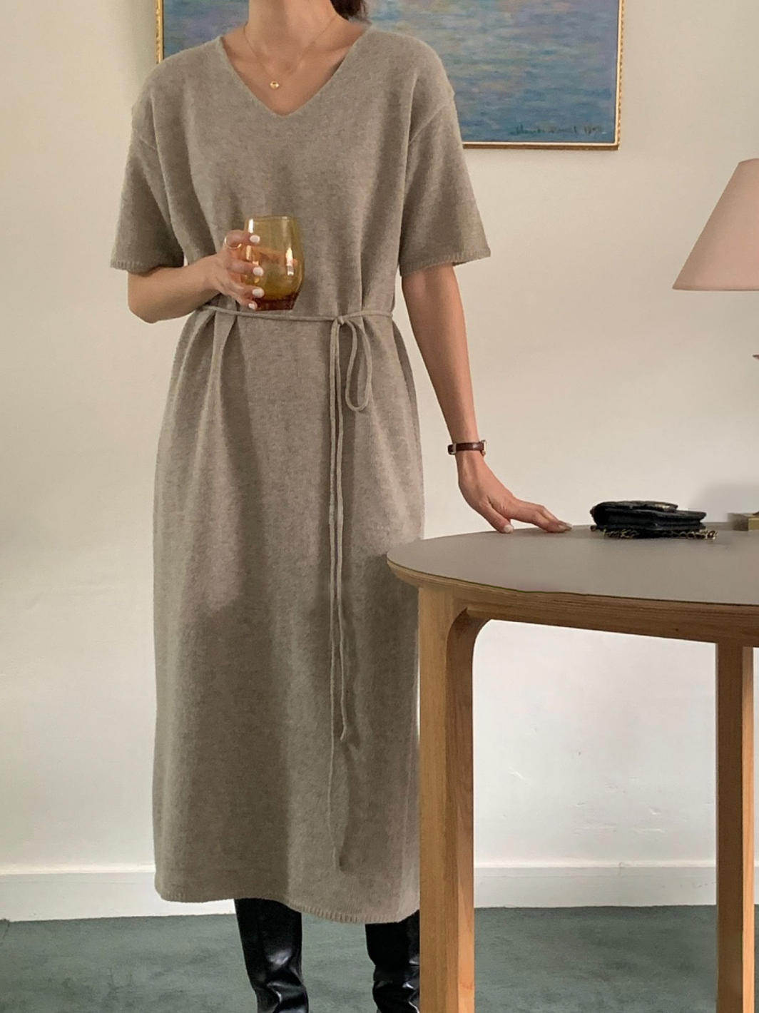 V- Neck Short Sleeve Wool Blend Basic Long Dress