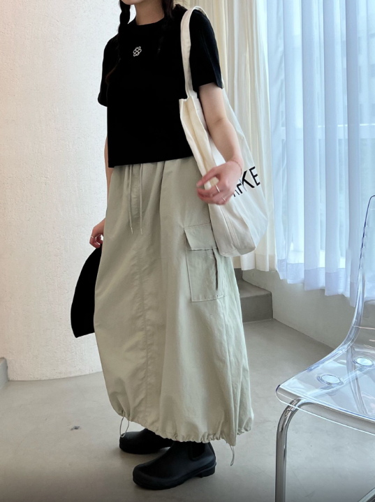 【BAON】Lawsonto String Cargo Long Skirt Adjustable String Bottom Cargo Long Skirt (Elastic Waist