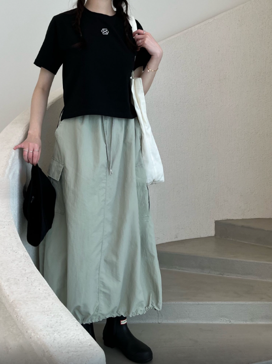 【BAON】Piteokeu check string banding cargo long skirt Adjustable String Bottom Cargo Long Skirt (Elastic Waist