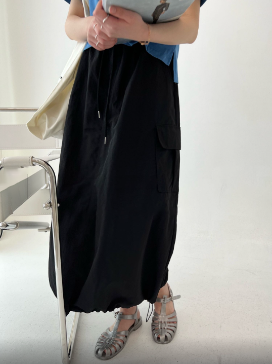 【BAON】Nota Banding Cargo String Long Skirt Adjustable String Bottom Cargo Long Skirt (Elastic Waist